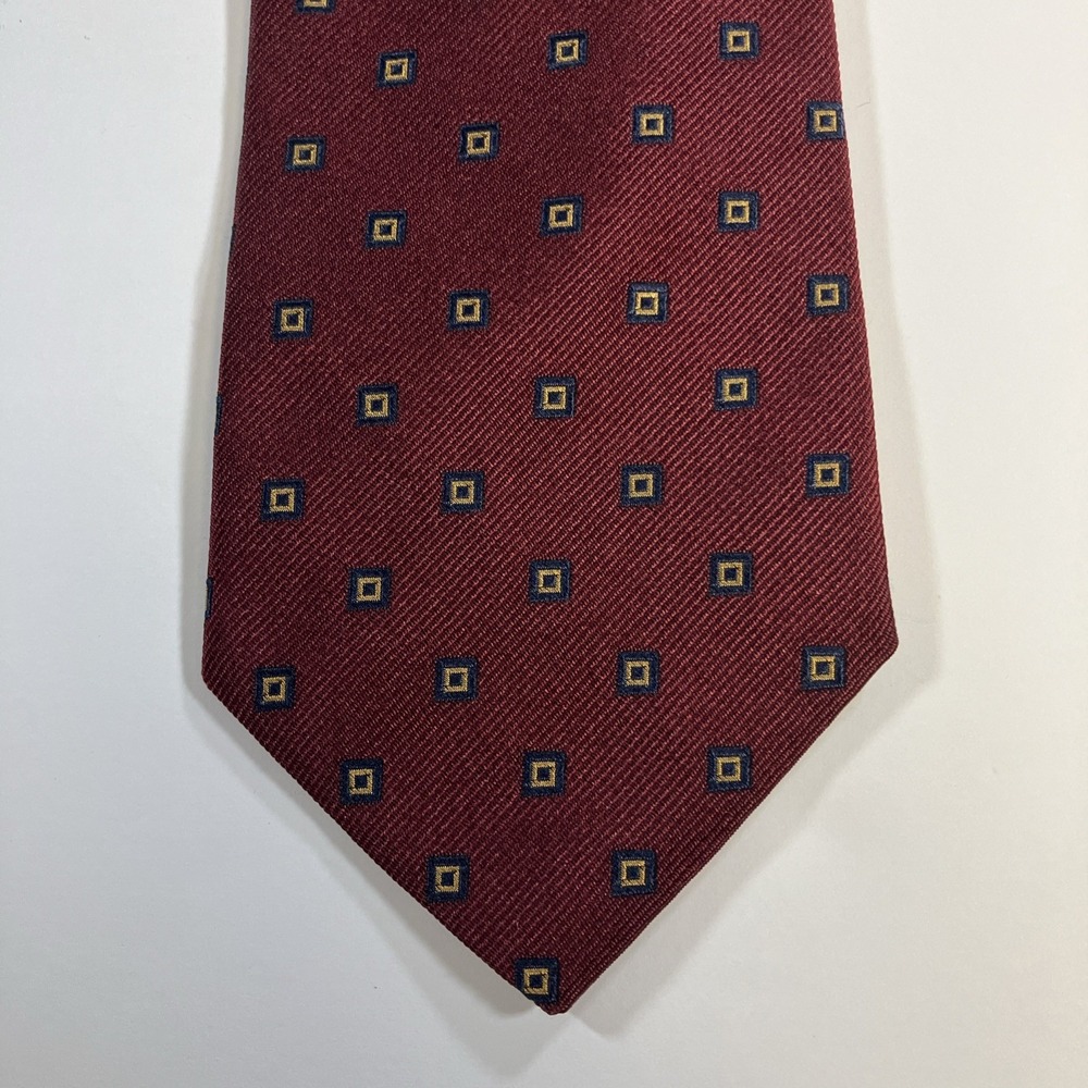 Lands' End Red Repp Geometric Squares Silk Tie Handsewn‎ USA 59.5" x 3 5/8"